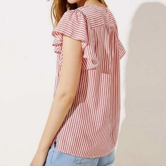 Loft Women's Red Striped Flutter Sleeve Rayon Blouse - Picture 6 of 16